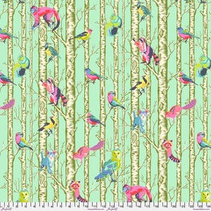 May include: A colorful fabric featuring a repeating pattern of animals and birds on a light green background with white birch trees. The animals include monkeys, owls, raccoons, cats, squirrels, and birds. The birds are in various colors, including pink, blue, yellow, and green.