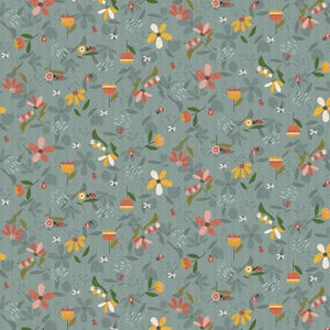 May include: A repeating pattern featuring flowers, leaves, ladybirds, and butterflies on a muted teal background. The flowers are yellow, pink, and orange, with white accents. The leaves are a muted green, and the ladybirds are red.