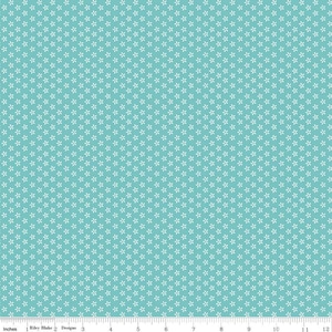 May include: A teal fabric with a white repeating pattern of small, stylized flowers. The fabric is measured in inches.