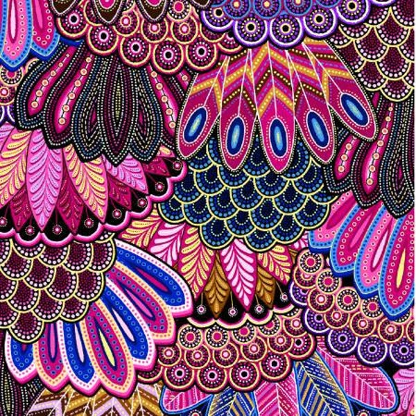 Feathers Fabric, Fabric by Yard, Half Yard, Cotton Fabric, Oasis Fabrics, Sahul Land, Feathers Pink, Owl Fabric, Decorative Birds