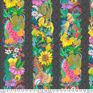 May include: A colorful fabric pattern featuring vertical stripes of various fruits and flowers. The design includes watermelons, pineapples, oranges, sunflowers, and other floral elements against a dark gray textured background. The vibrant colors and detailed illustrations create a lively and artistic aesthetic.