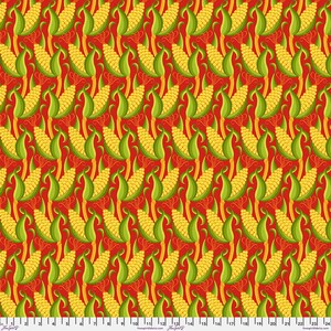 May include: A repeating pattern of yellow corn on the cob with green husks and red accents. The design is set against a vibrant red background, creating a bold and eye-catching visual.