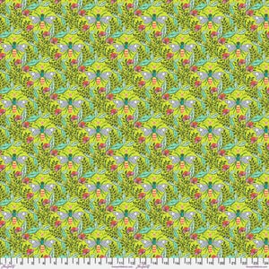 May include: A repeating pattern of green, blue, and red stylized insects on a bright yellow background. The insects are surrounded by green leaves and red flowers.