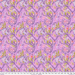 May include: A purple fabric with a repeating pattern of stylized floral branches with pink, green, and yellow accents.