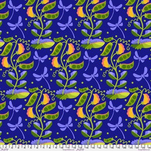May include: A repeating pattern on a dark blue background features stylized green pea pods, yellow flowers, and purple dragonflies. The design includes green stems and leaves, creating a whimsical, nature-inspired aesthetic.