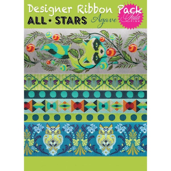 Tula Pink All Stars Agave Ribbon Collection, 5 Different All Stars Prints, Woven Polyester Ribbon