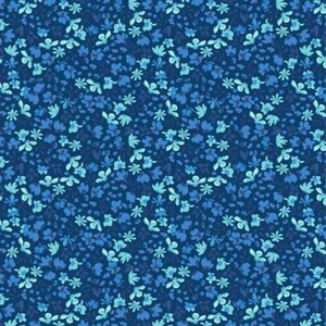 May include: A seamless pattern featuring small blue and light blue flowers on a dark blue background.