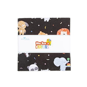 May include: A stack of fabric squares with a black background and colorful cartoon animal prints. The fabric features a dog, bear, lion, panda, and elephant. A white band across the center reads "New Box of CRAYONS" in colorful text.