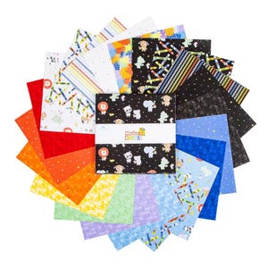 May include: A circular arrangement of fabric squares in various colours and patterns. Designs include animal prints, geometric shapes, and crayon illustrations. A central bundle of squares is wrapped with a white band, with the text "New Box of Crayons".