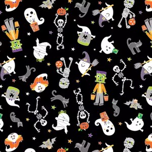 May include: A black and white Halloween themed fabric with a repeating pattern of ghosts, skeletons, mummies, witches, cats, bats, pumpkins, and stars.
