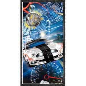 May include: A vertical poster featuring a white sports car with black racing stripes, set against a cityscape and engine schematic. The poster includes the text "Fast & Wild" and a speedometer showing 123.4 mph.