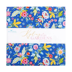 May include: A square stack of fabric squares featuring a vibrant blue background with a repeating floral pattern in shades of pink, yellow, and light blue. A white paper band wraps around the center with the text Kipling Gardens Lily Ashbury.