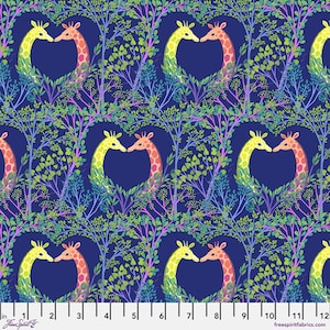 May include: A repeating pattern of giraffes and trees on a dark blue background. The giraffes are in pairs, with their necks forming a heart shape. The trees have green and purple leaves. The fabric has a whimsical, nature-inspired design.