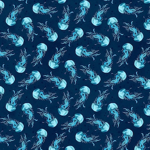 May include: A repeating pattern of watercolour jellyfish in shades of blue and white against a dark navy background. The jellyfish have a rounded bell shape and long, flowing tentacles. The design has a whimsical, aquatic theme.
