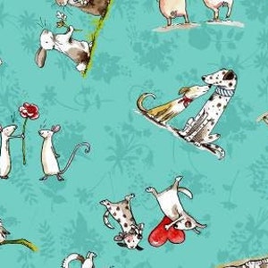 Animal Friends, Turquoise Fabric, Clothworks Fabric, Fabric by the Yard, Half Yard, Cotton Fabric, Animal Lover Art, Small Animal Fabric