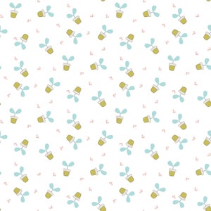 May include: A repeating pattern of small potted plants with light blue leaves and tiny pink flowers on a white background. The pots are yellow-brown with a white rim. The leaves are a light blue color.