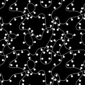 May include: A seamless pattern featuring white string lights against a black background. The lights are evenly spaced along the white cords, creating a repeating design. The bulbs are round and white, offering a festive or decorative theme.