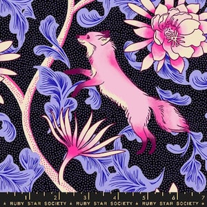 May include: A fabric with a repeating pattern featuring a pink fox leaping among stylized blue leaves and pink and white flowers. The background is a dark navy blue with small white dots. The text "RUBY STAR SOCIETY" is at the bottom.