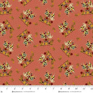 May include: A fabric with a repeating pattern of stylized white birds with colorful polka dots and floral accents. The birds are set against a coral background with tiny white speckles. The design includes yellow, red, green, and blue elements.