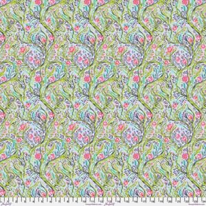 May include: A light blue fabric with a repeating pattern of green vines and pink flowers. The vines are stylized and have a whimsical feel. The flowers are small and delicate.