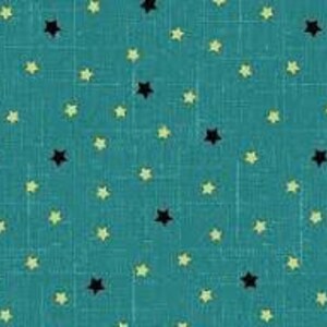 May include: Teal fabric with a repeating pattern of black and light yellow stars. The stars are evenly spaced across the textured surface, creating a celestial design. The fabric has a subtle, woven texture.
