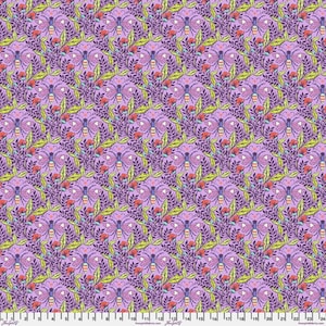 May include: Purple fabric with a repeating pattern of stylized butterflies, flowers, and leaves. The butterflies are blue, white, and yellow. The flowers are red, pink, and blue. The leaves are green.