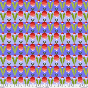 May include: A repeating pattern of stylized red radishes with green leaves and stems on a light purple and blue striped background. The radishes are arranged in rows and columns, creating a symmetrical design.