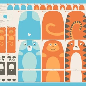 May include: A fabric panel with various animal designs in blue, orange, and grey. The panel includes bear, monkey, tiger, and panda shapes, outlined in black with white details. The background is a light blue, with the designs suitable for children's crafts.
