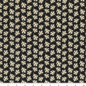 May include: Black fabric with a repeating pattern of light tan oak leaves. The leaves are detailed with veining and are scattered across the dark background. This fabric is suitable for various sewing projects.