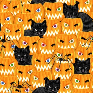 Cats with Pumpkins, Glow In The Dark, Fabric by Yard, Half Yard, Cotton Fabric, Creep and Kook, Halloween Fabric, Blank Quilting
