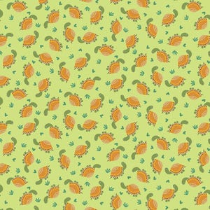 May include: A seamless pattern featuring a repeating design of orange and green turtles on a light green background.