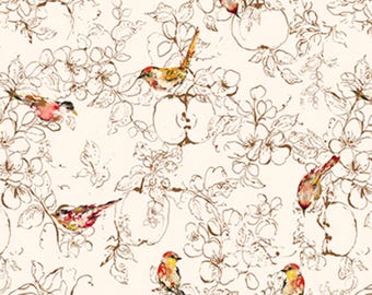 Birds in Cream, Fabric by Yard, Half Yard, Cotton Fabric, Figo Fabrics, Birds Fabric, Blooming Memories, Hina Mirza, Watercolor Fabric