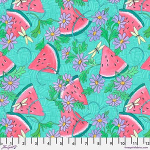 May include: A repeating pattern of watermelon slices, purple daisies, green leaves, and dragonflies on a teal background. The watermelon is pink with black seeds and a green rind. The fabric has a whimsical, summery feel.