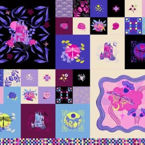 May include: A fabric panel featuring a patchwork design with various illustrations. The panel includes images of castles, dragonflies, flowers, and geometric patterns in shades of pink, purple, and blue. The words "Glow Garden" are visible.