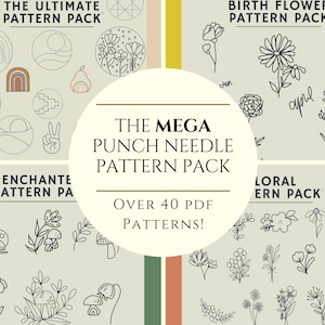 May include: A digital download pack of over 40 punch needle patterns. The pack includes patterns for flowers, mushrooms, and geometric shapes. The text "The Mega Punch Needle Pattern Pack" is displayed in the centre of the image.