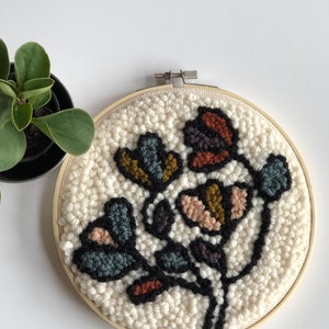 May include: A white embroidery hoop with a colorful floral design. The design features black outlines, teal, brown, and pink flowers with a white background.