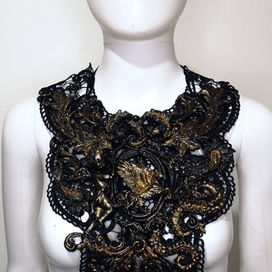 Black anf gold bib necklace, jewel, rococo couture fashion, marie-antoinette, filigree, Baroque Fantasy Steampunk, angels