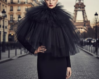 Dramatic Black Tulle Ruffle Collar - Haute Couture Voluminous Capelet - Parisian Chic Statement Piece - Editorial Fashion & Gala Neck Ruff