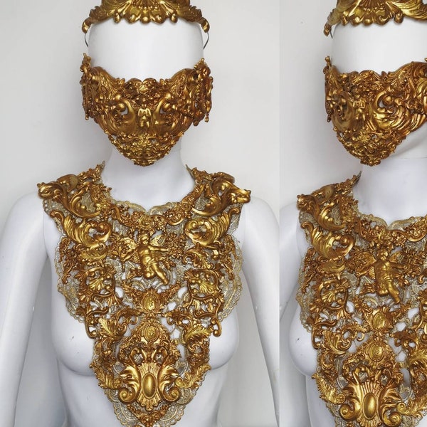 Baroque mask and gold bib necklace, jewel, rococo couture fashion, marie-antoinette, filigree, Baroque Fantasy Steampunk, angels