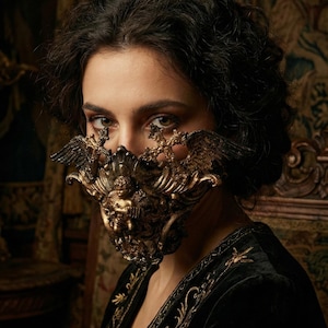 Máscara barroca, joias, moda rococó, filigrana, fantasia barroca Valquíria Steampunk, cruz de anjos gótica