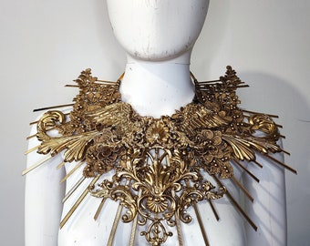 gold body jewelry, big gold bib necklace, contemporary necklace, zip tie necklace, filigree, rococo necklace, angel, marie Antoinette
