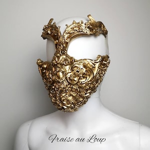 Baroque mask and gold bib necklace, jewel, rococo couture fashion, marie-antoinette, filigree, Baroque Fantasy Steampunk, angels