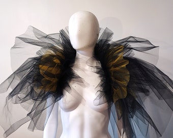 Tulle bolero - Pierrot circus - elizabethan neck ruff costume - unisex - collar - black and gold