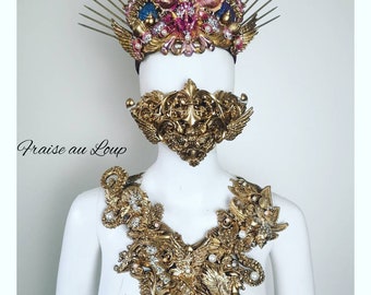 Baroque mask and gold bib necklace, jewel, rococo couture fashion, marie-antoinette, filigree, Baroque Fantasy Steampunk, angels