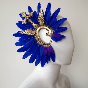 Earring. Cuff. Strawberry with Wolf. Blue feathers and gold moldings, Feather ear cuff. Straight earrings