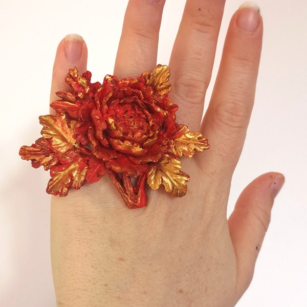 Bague Bijou fantaisie- fleurs Rouge et or