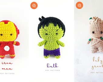 BÜNDELMUSTER: 4 Avengers & Groot Amigurumi / Plushie / Beutelanhänger (PDF)