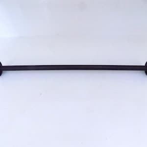 May include: A dark brown metal rod with circular mounting plates at each end. The rod is straight and has a matte finish. The mounting plates have four holes for screws. This is a piece of hardware.