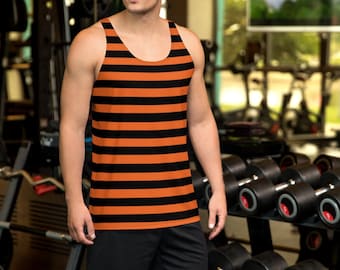 Men's Halloween Striped Tank Top: Orange & Black Inmate Costume