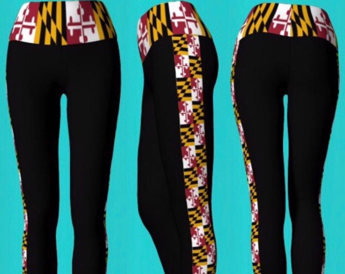 MARYLAND FLAG LEGGINGS Yoga Pants Womens Designer Yoga Leggings Maryland Yoga Pants Maryland Flag Print Leggings Black Leggings with Stripe